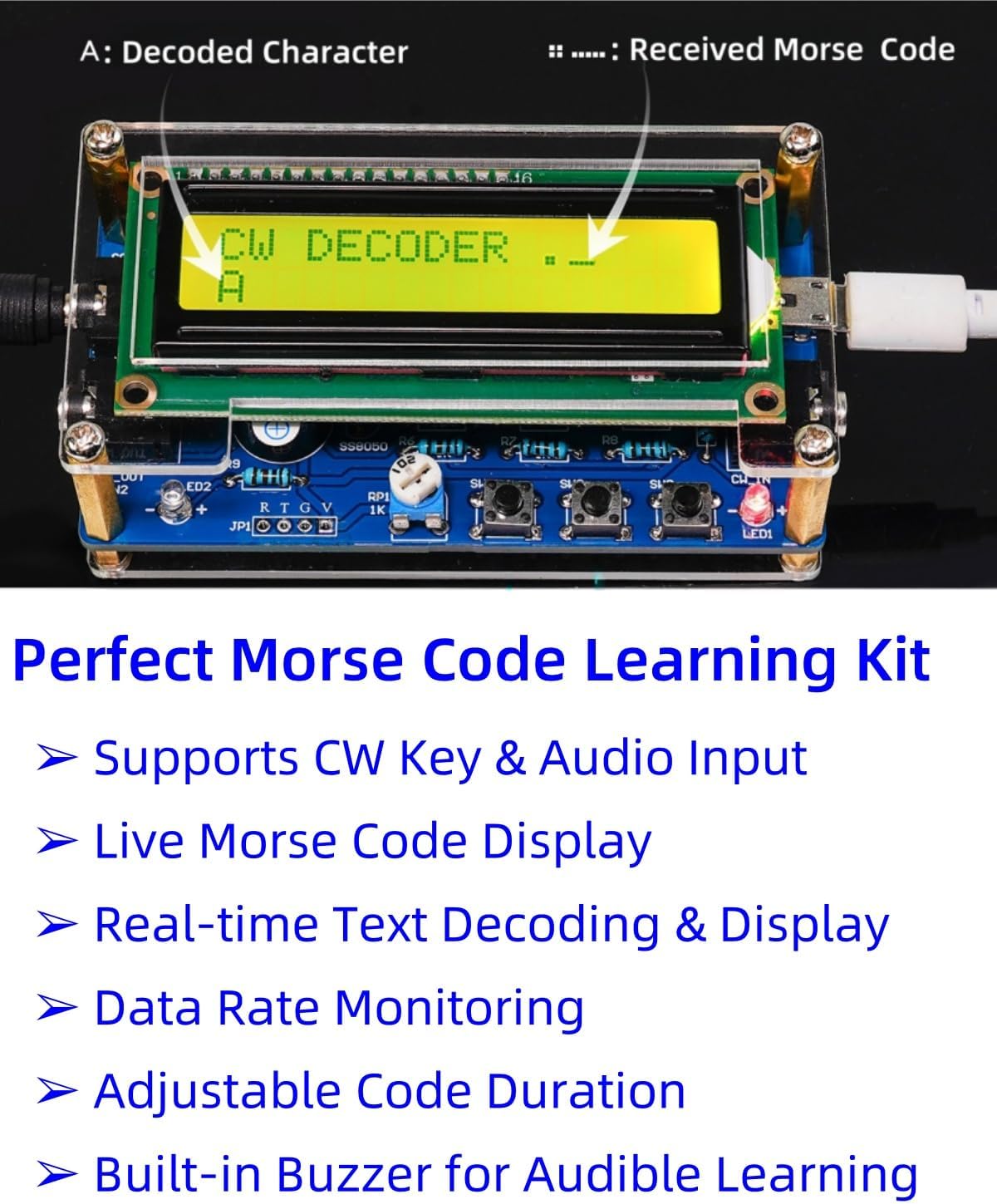 Morse code kit photo highlighting practice components for timing drills and feedback