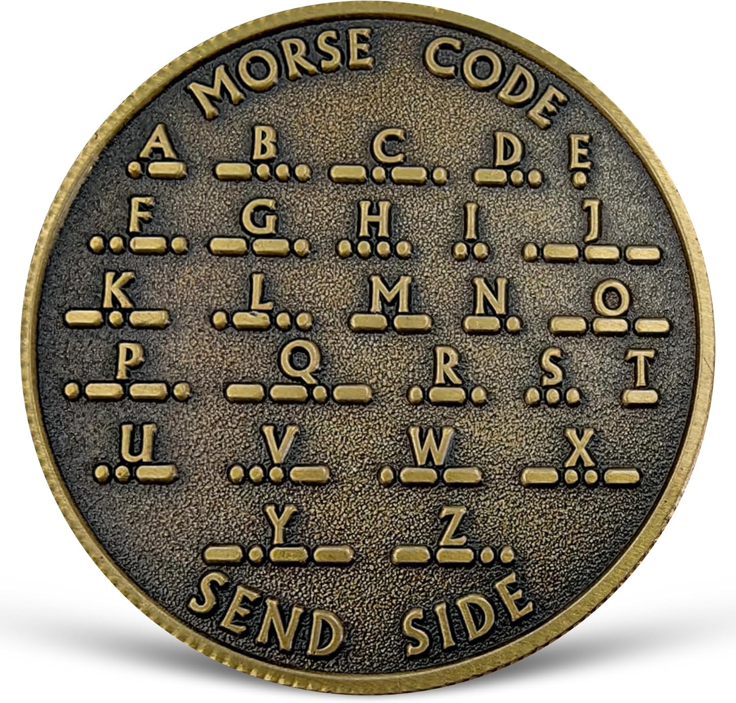 Back side of Morse code medallion with additional symbol and decoding reference