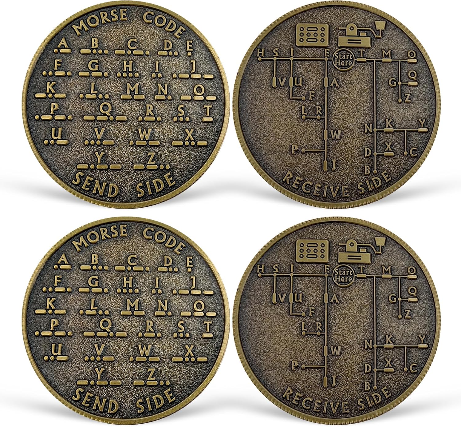 Morse code medallion angled product image showing engraved letter and number references
